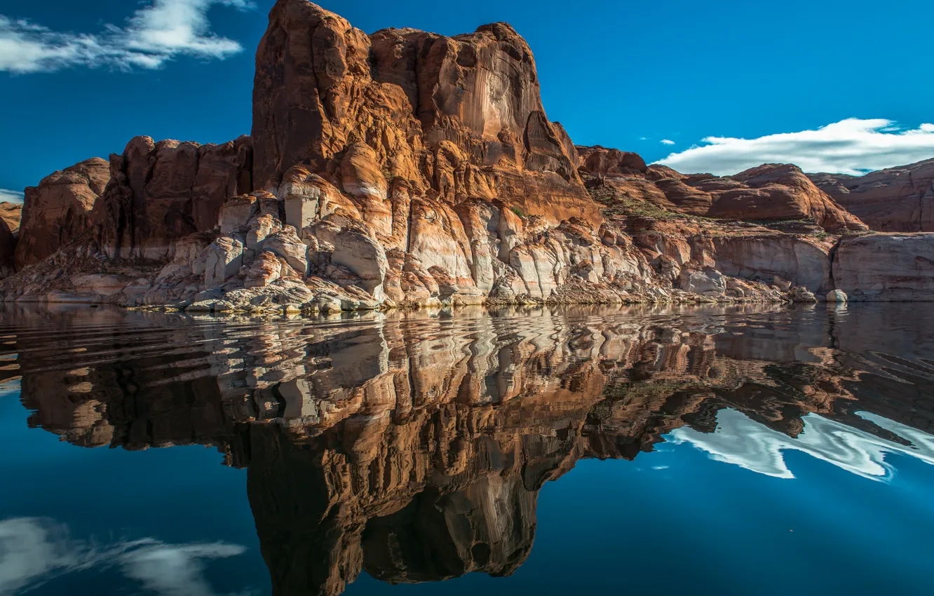 Photo wallpaper the sky, clouds, reflection, mirror, Utah, lake Powell, United States, Sandstone hills