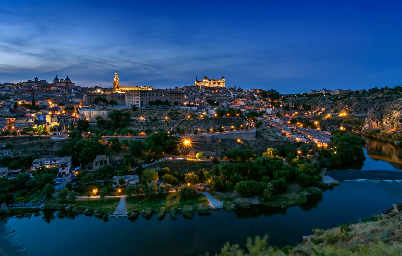 Photo wallpaper the city, river, castle, building, the evening, panorama, Spain, Toledo