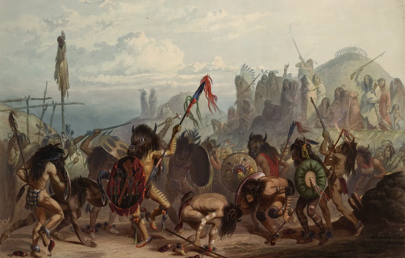Photo wallpaper picture, painting, painting, Karl Bodmer, Bison dance of the Mandan indians, 1834, Bodmer