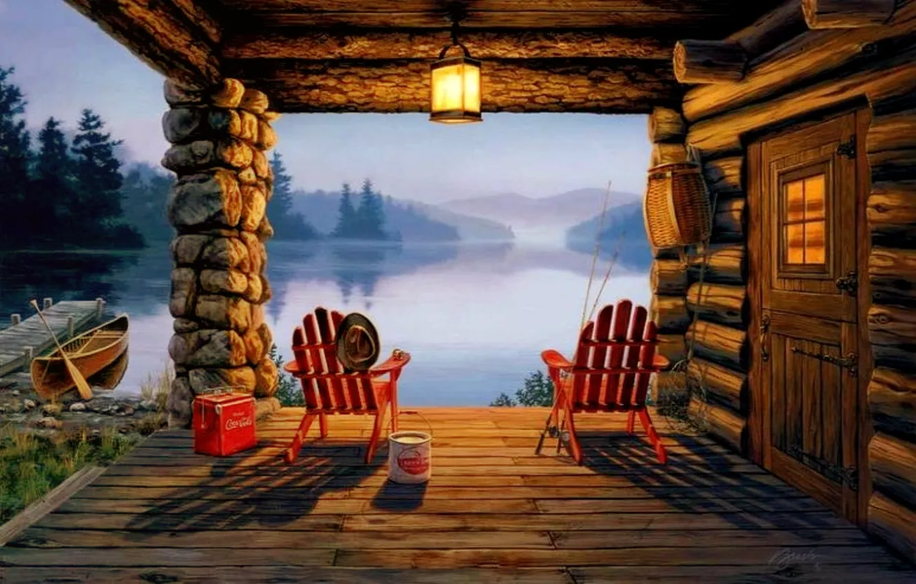 Photo wallpaper mountains, lake, house, boat, picture, the evening, pier, painting