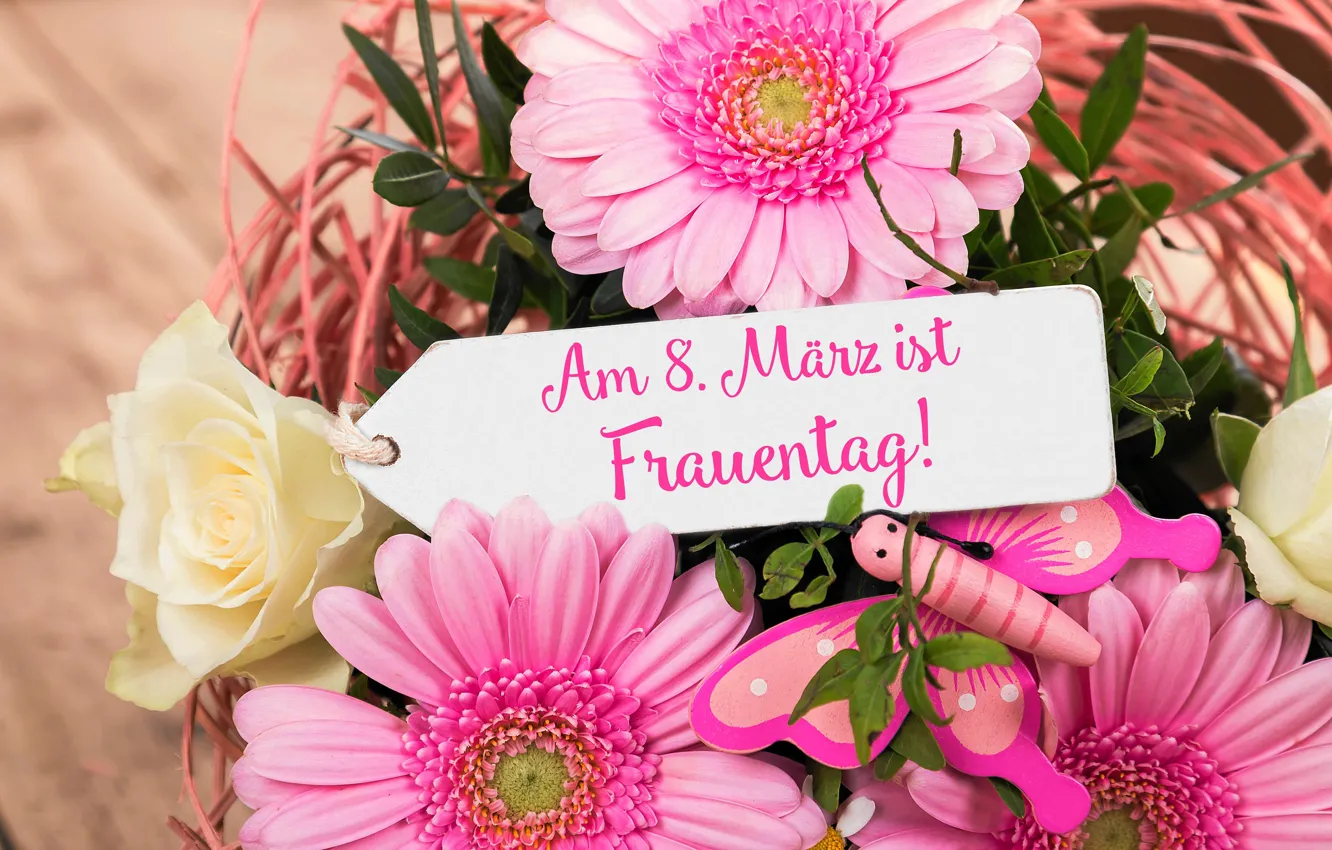 Photo wallpaper flowers, holiday, butterfly, bouquet, March 8, women's day