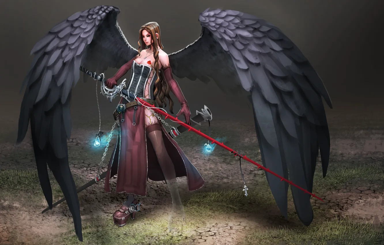 Photo wallpaper girl, wings, angel, sword, black wings