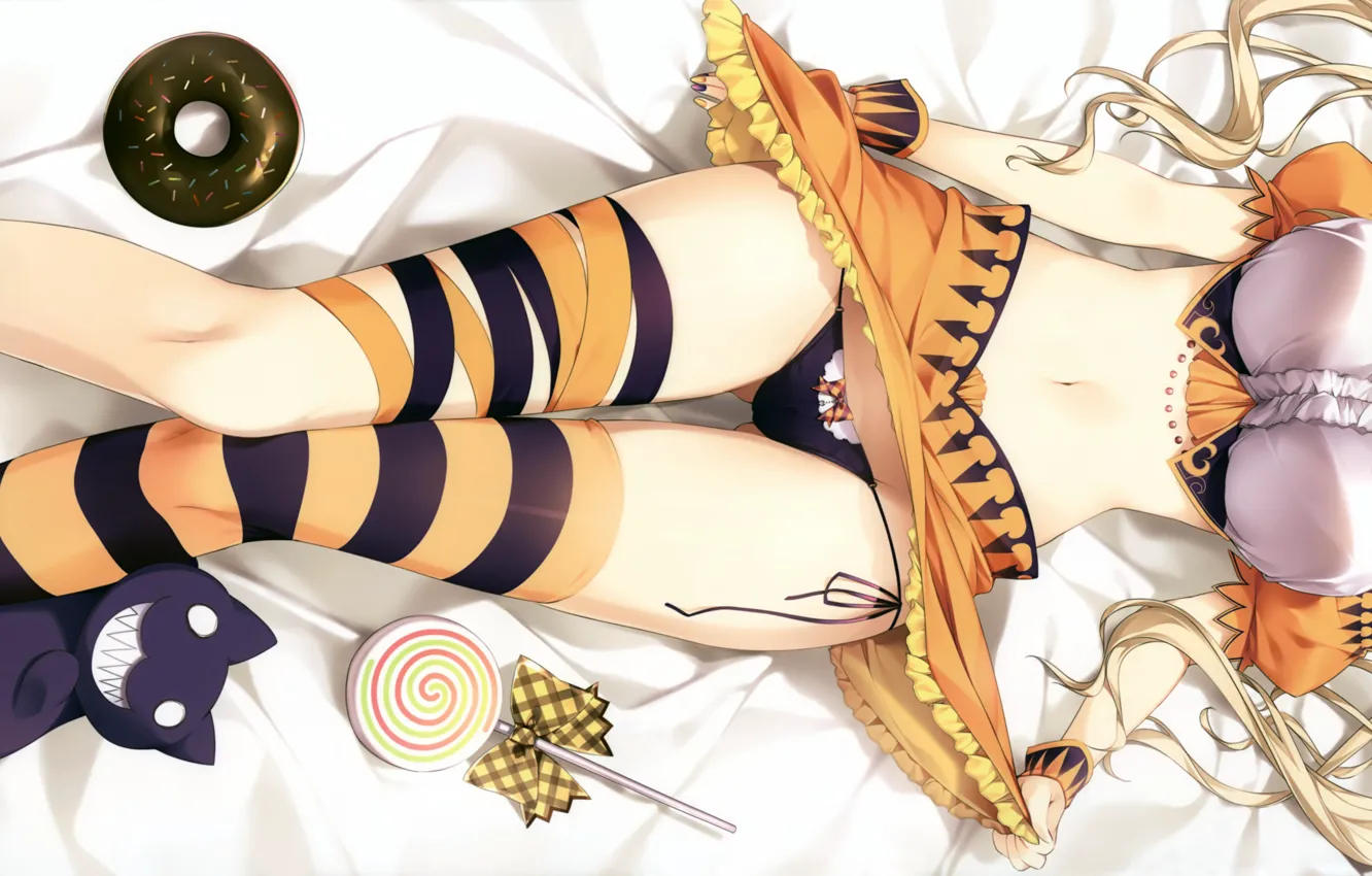 Photo wallpaper girl, sexy, lingerie, panties, thighhighs, long hair, boobs, anime