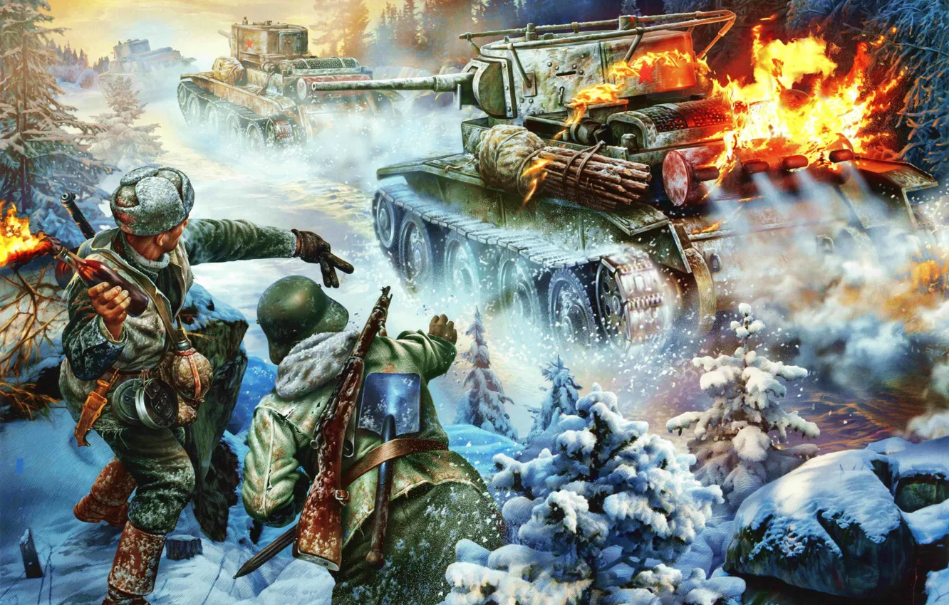 Photo wallpaper Winter, Snow, Fire, Soldiers, USSR, Art, Tank, Easy