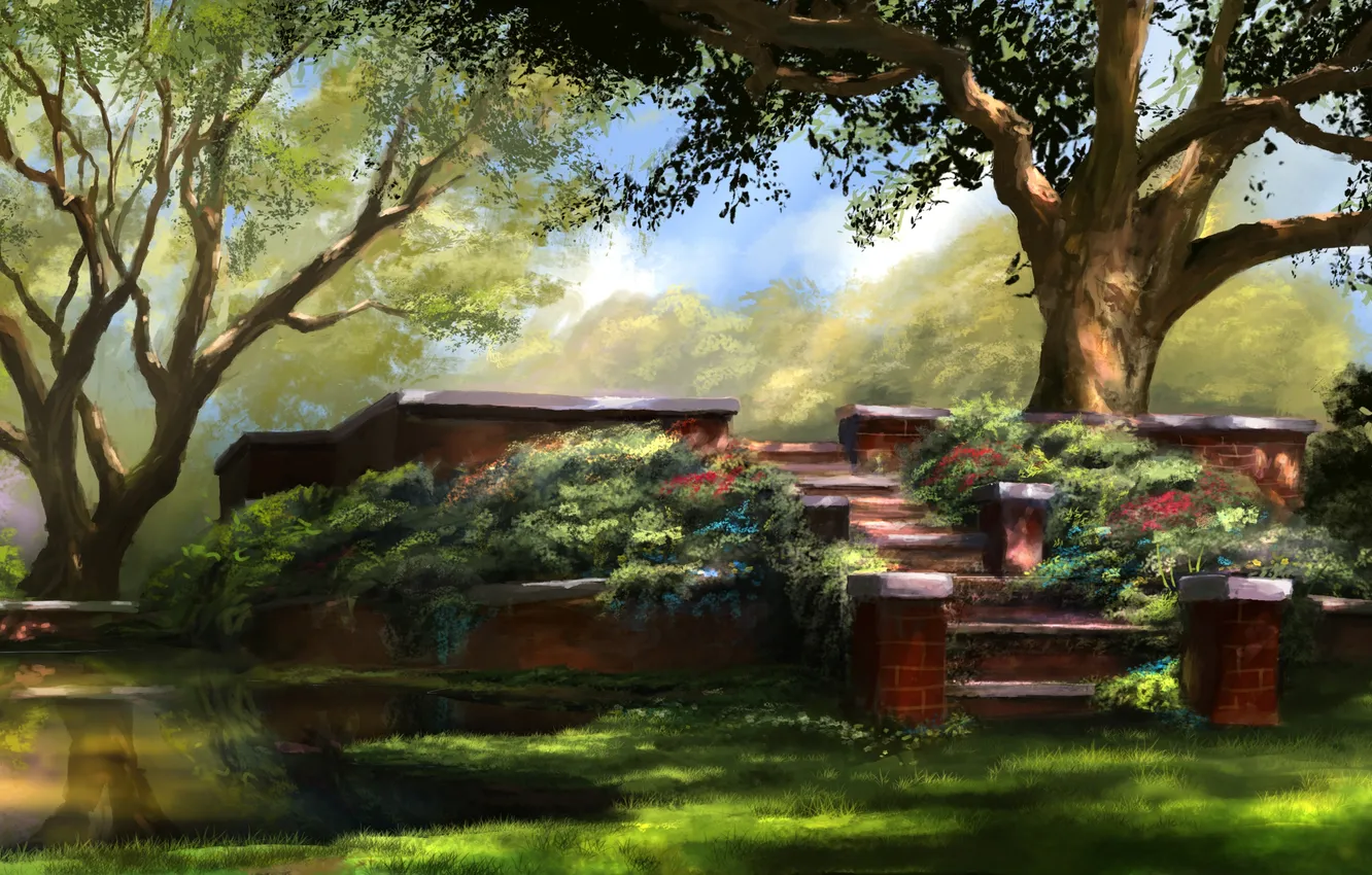 Photo wallpaper flowers, lake, garden, ladder, art, jjpeabody