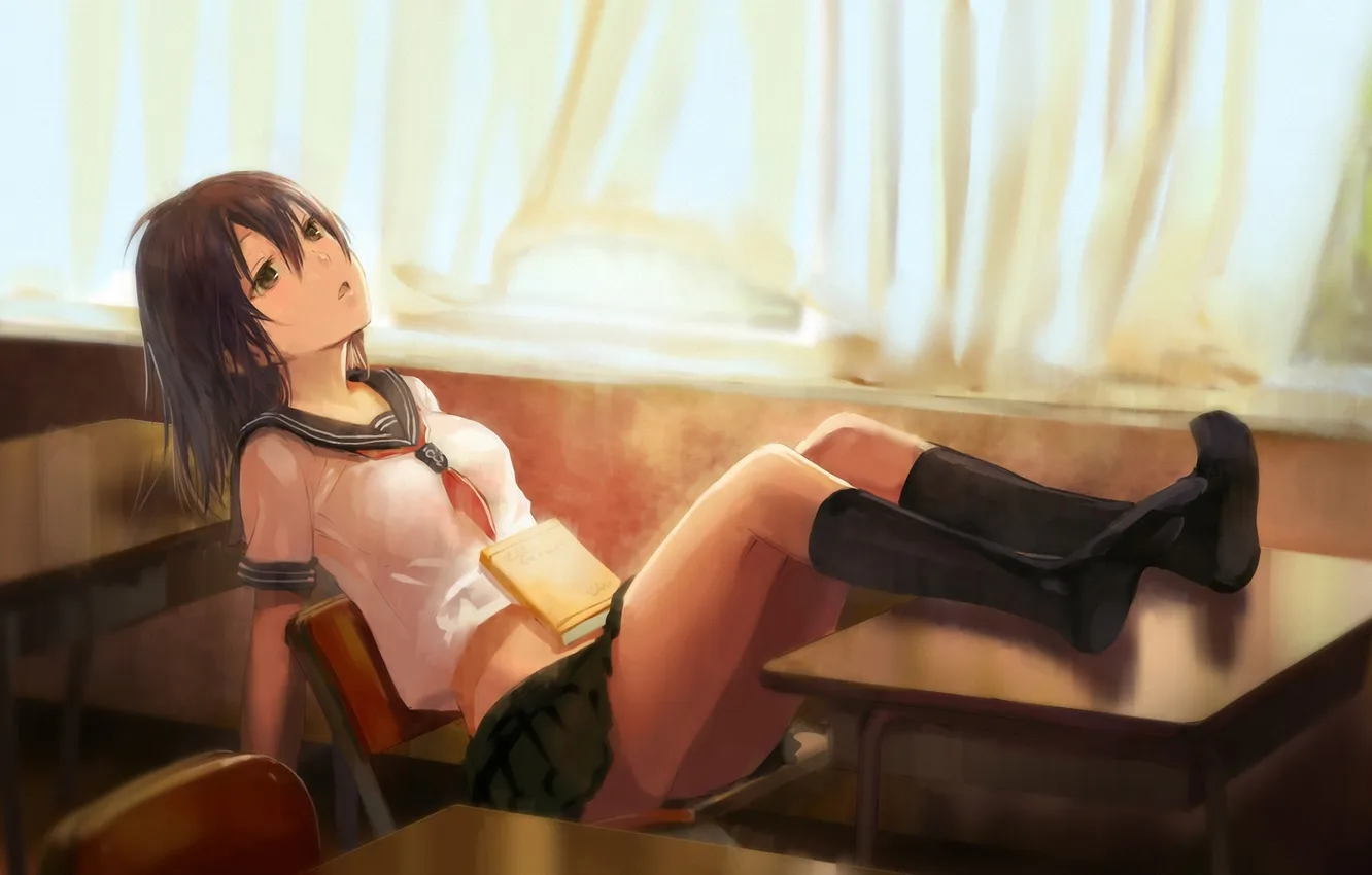 Photo wallpaper girl, fatigue, art, book, form, schoolgirl, school, desks