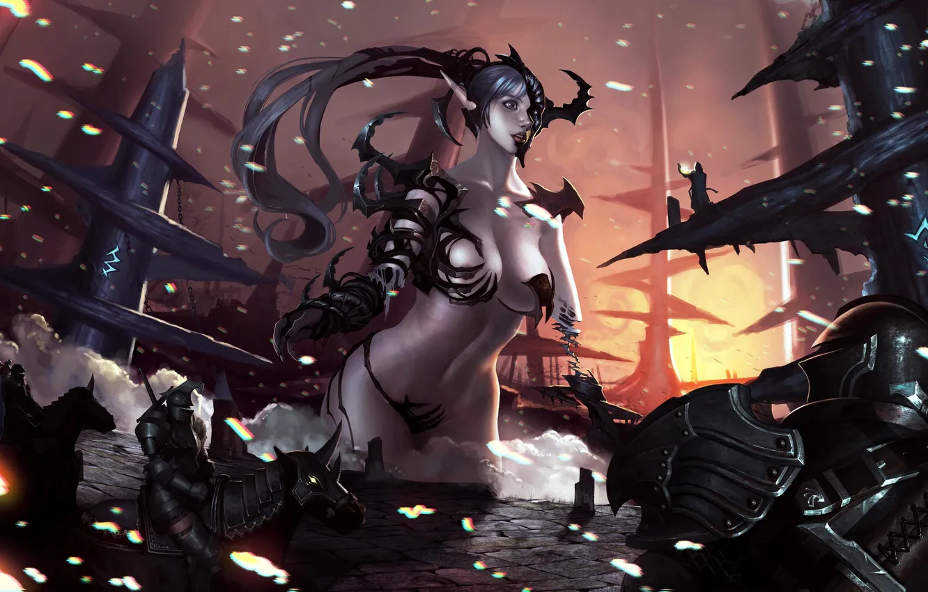 Photo wallpaper girl, weapons, rocks, art, sparks, rider, goddess
