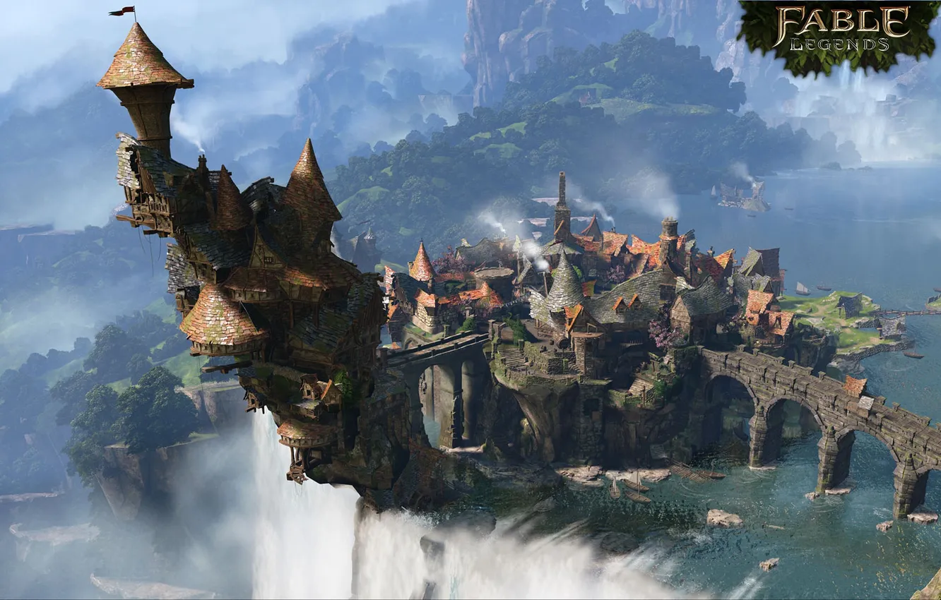 Photo wallpaper landscape, mountains, bridge, the city, river, open, boat, waterfall