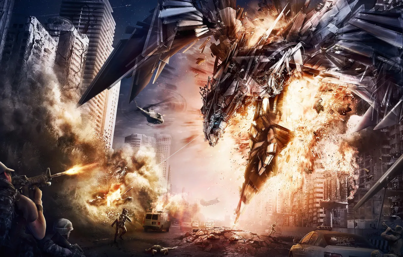 Photo wallpaper the explosion, the city, lights, weapons, fiction, flame, Apocalypse, people