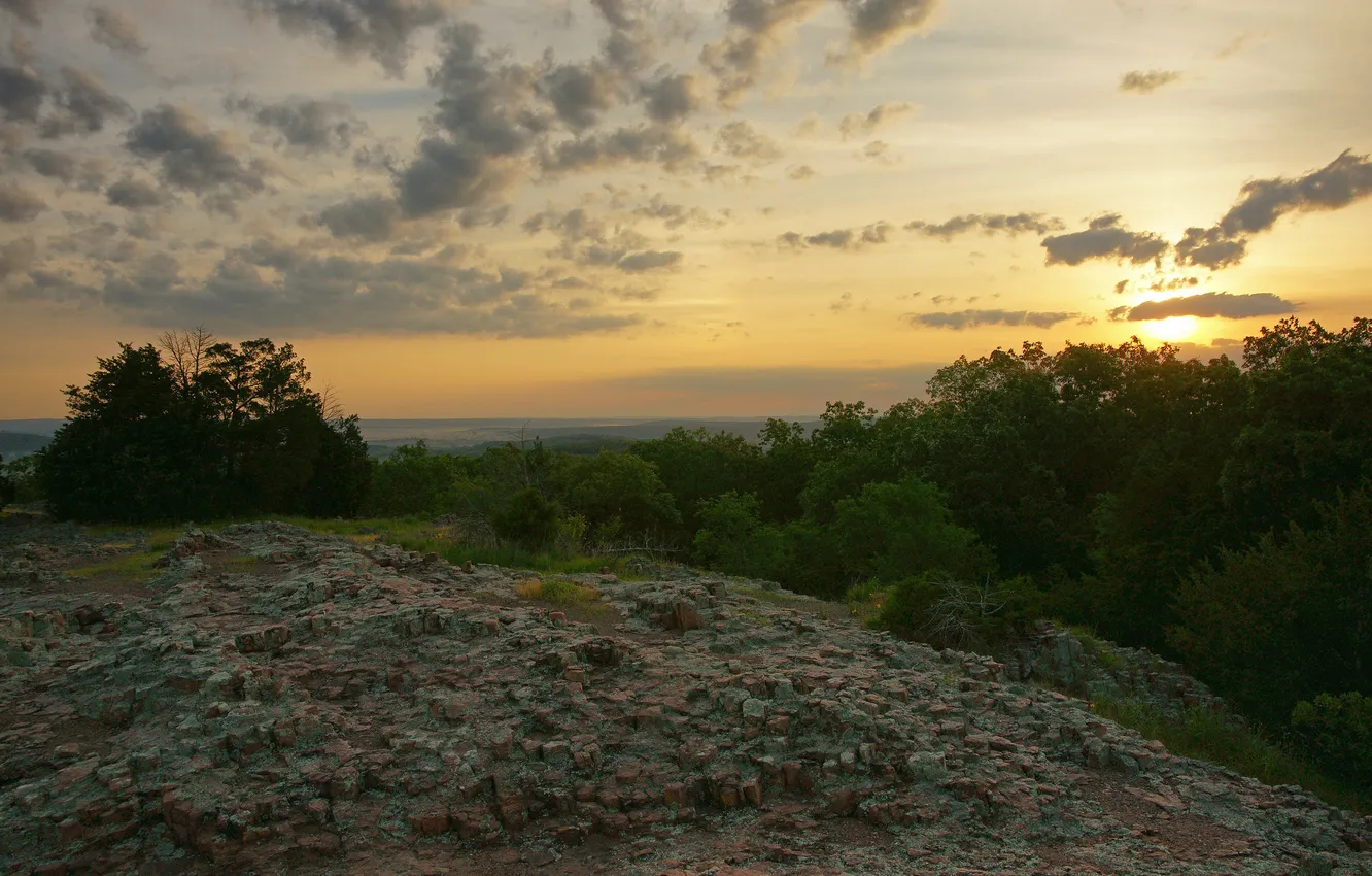 Photo wallpaper the sky, the sun, clouds, trees, mountains, dawn