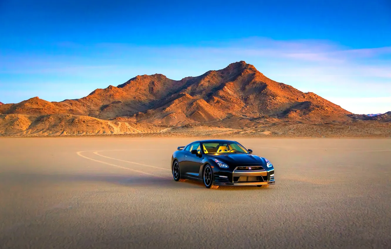 Photo wallpaper auto, the sky, mountains, black, desert, Nissan, GT-R, Edition