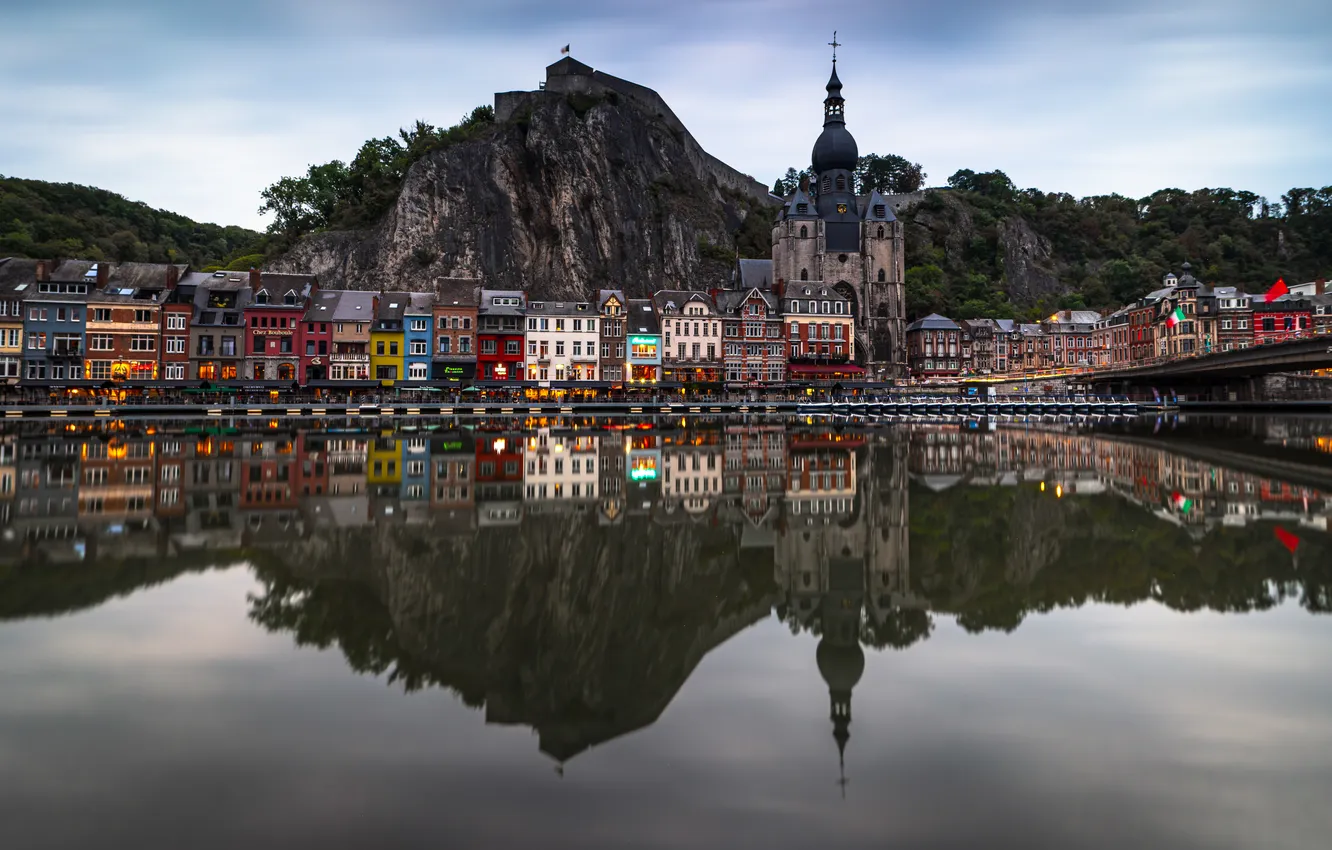 Photo wallpaper mountains, reflection, river, building, home, Church, Belgium, Belgium