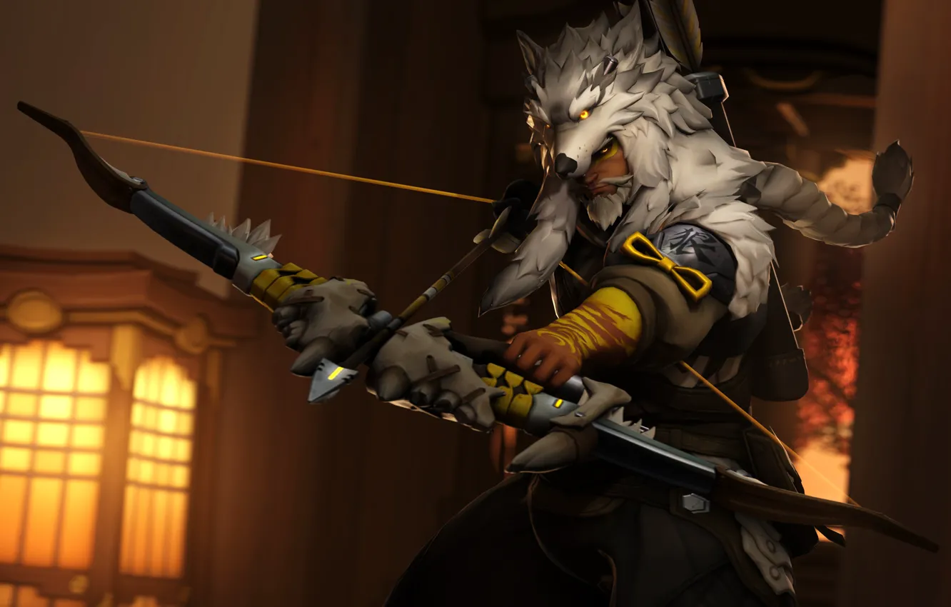Photo wallpaper Overwatch, wolf, arrows, Archer, Hanzo Shimada, costume, bow, Hanzo