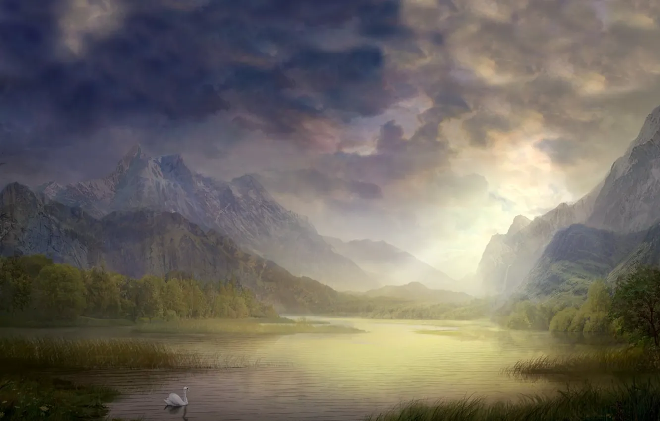Photo wallpaper lake, figure, swans