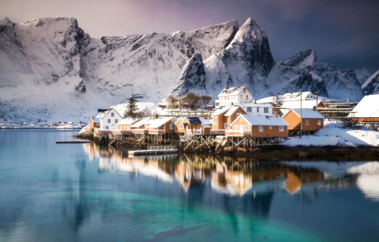 Photo wallpaper winter, sea, snow, mountains, home, Norway, the village, The Lofoten Islands