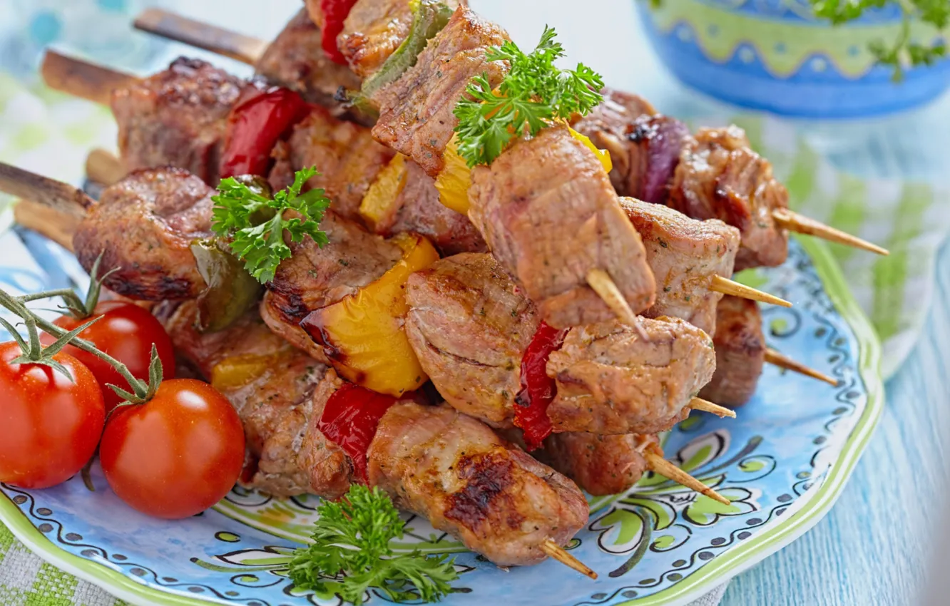 Photo wallpaper meat, tomatoes, parsley, kebab