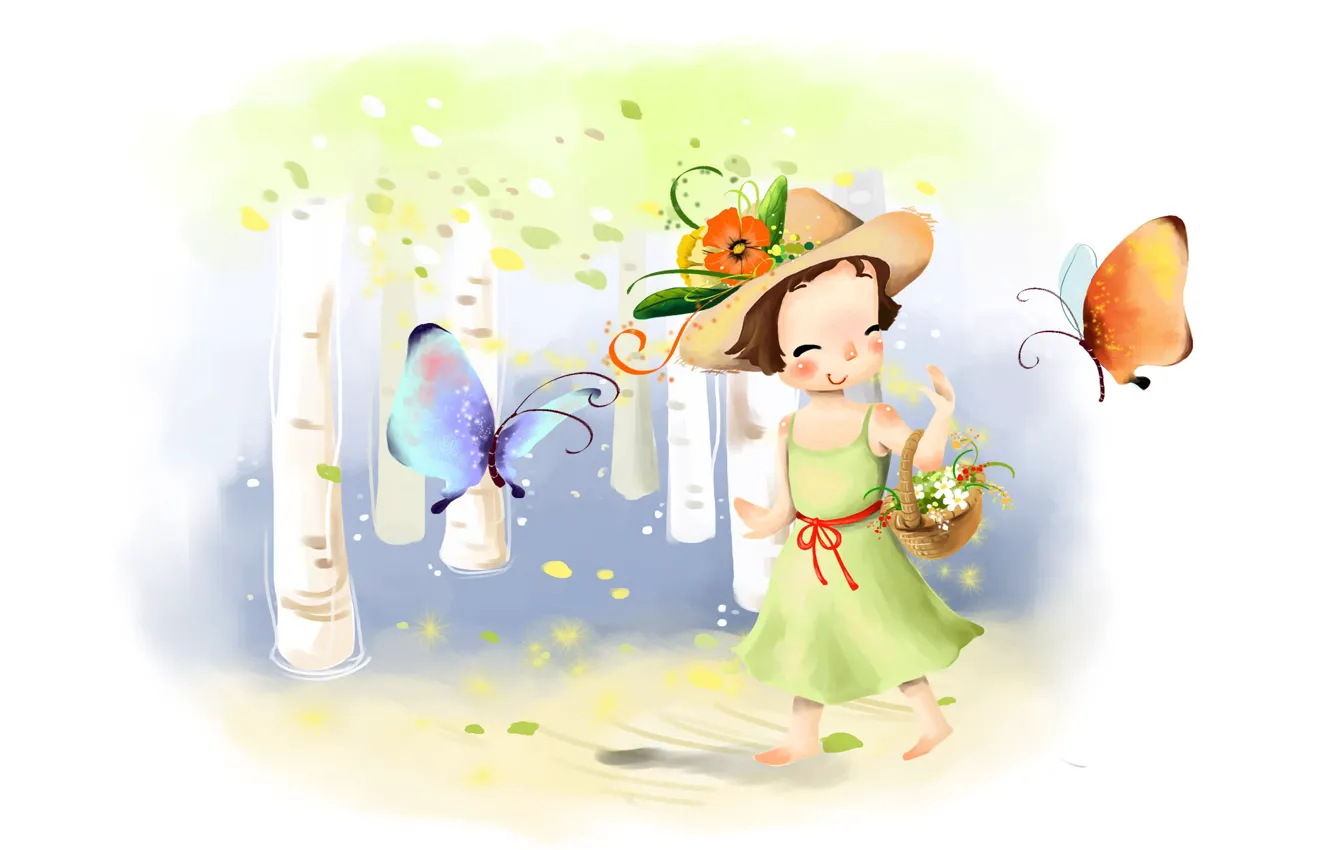 Photo wallpaper flowers, smile, butterfly, figure, hat, dress, girl, basket