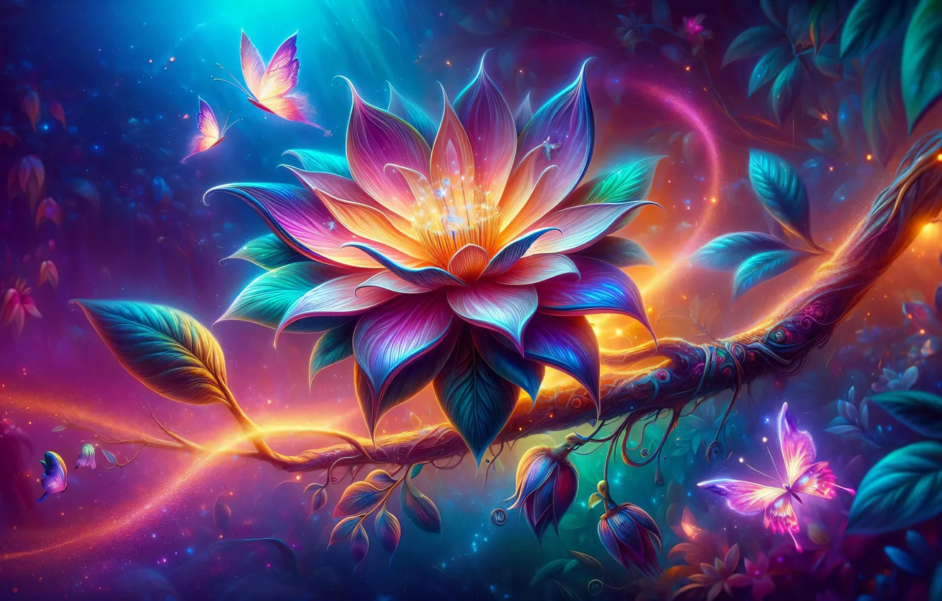 Photo wallpaper flowers, butterfly, fantasy