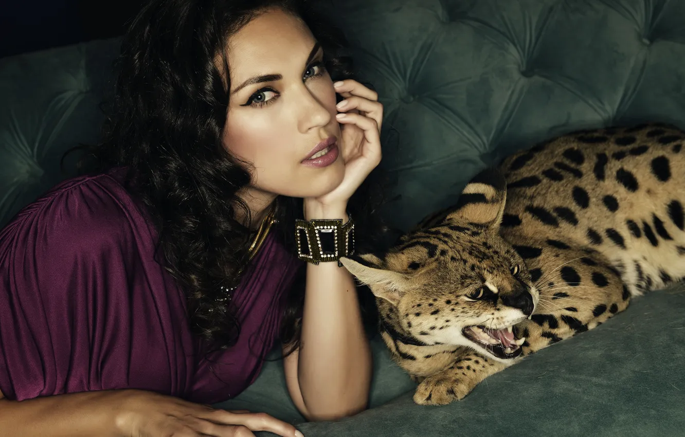 Photo wallpaper cat, eyes, look, girl, face, sofa, hair, brunette