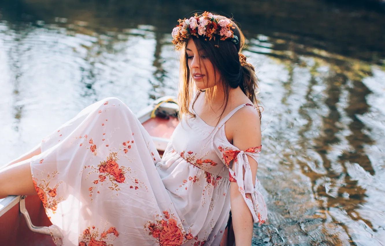 Photo wallpaper water, girl, boat, dress