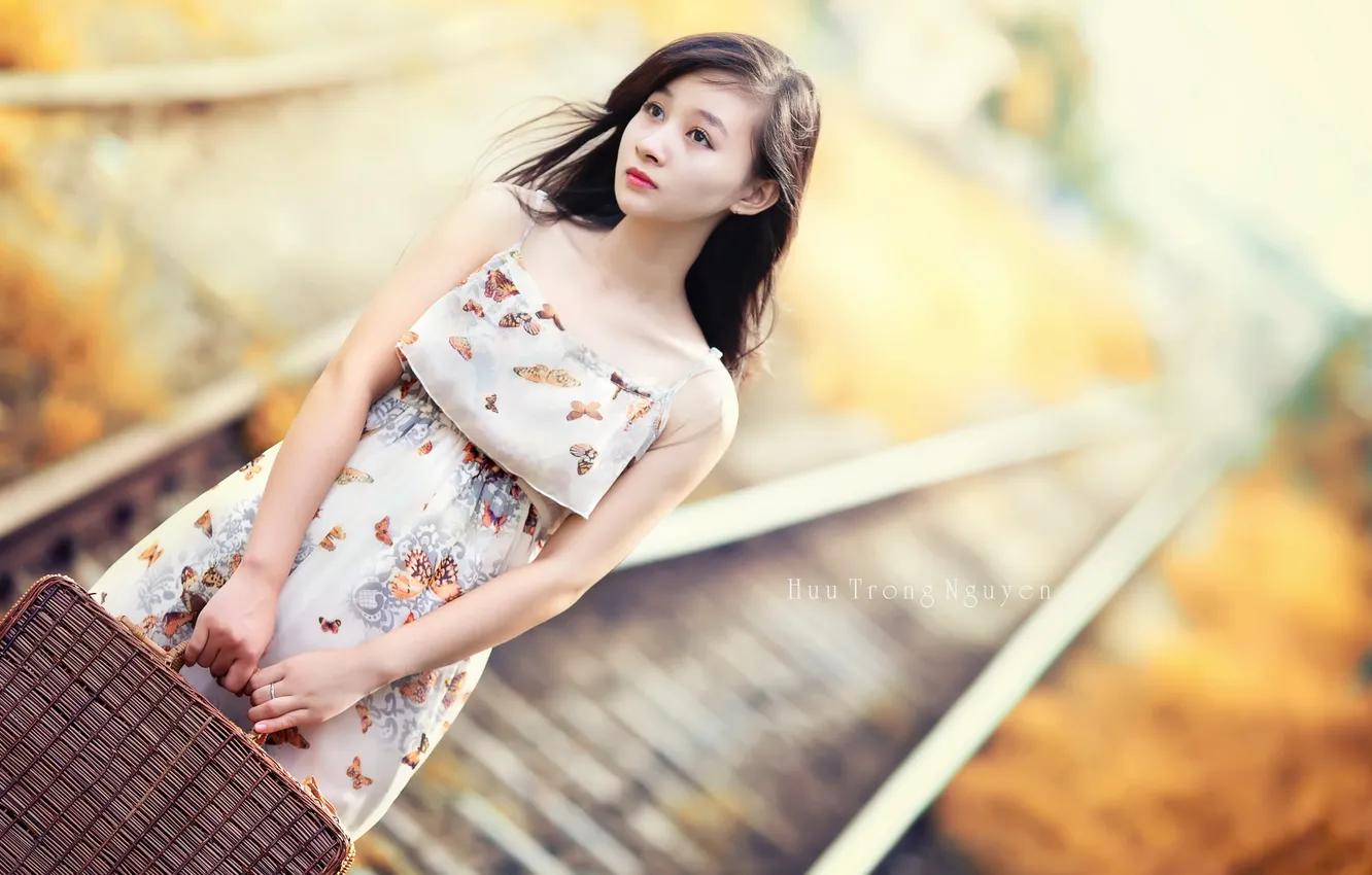 Photo wallpaper girl, railroad, suitcase