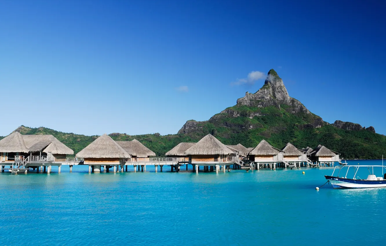 Photo wallpaper ocean, Bora-Bora, boat, Lagoon, bungalows