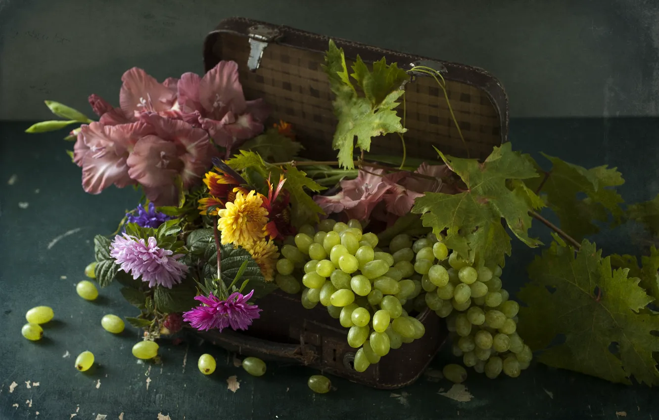 Photo wallpaper flowers, berries, dandelion, grapes, suitcase, gladiolus