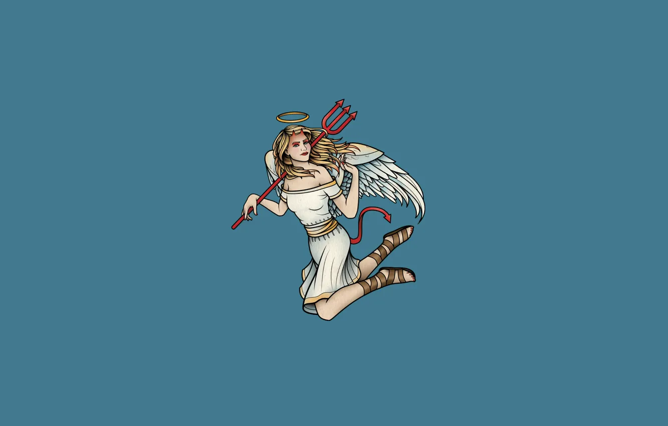 Photo wallpaper girl, wings, minimalism, angel, Trident, tail, horns, devil