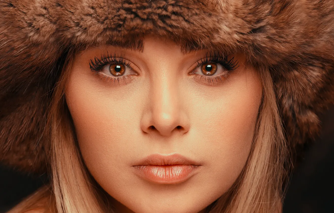 Photo wallpaper look, girl, face, portrait, blonde, fur hat