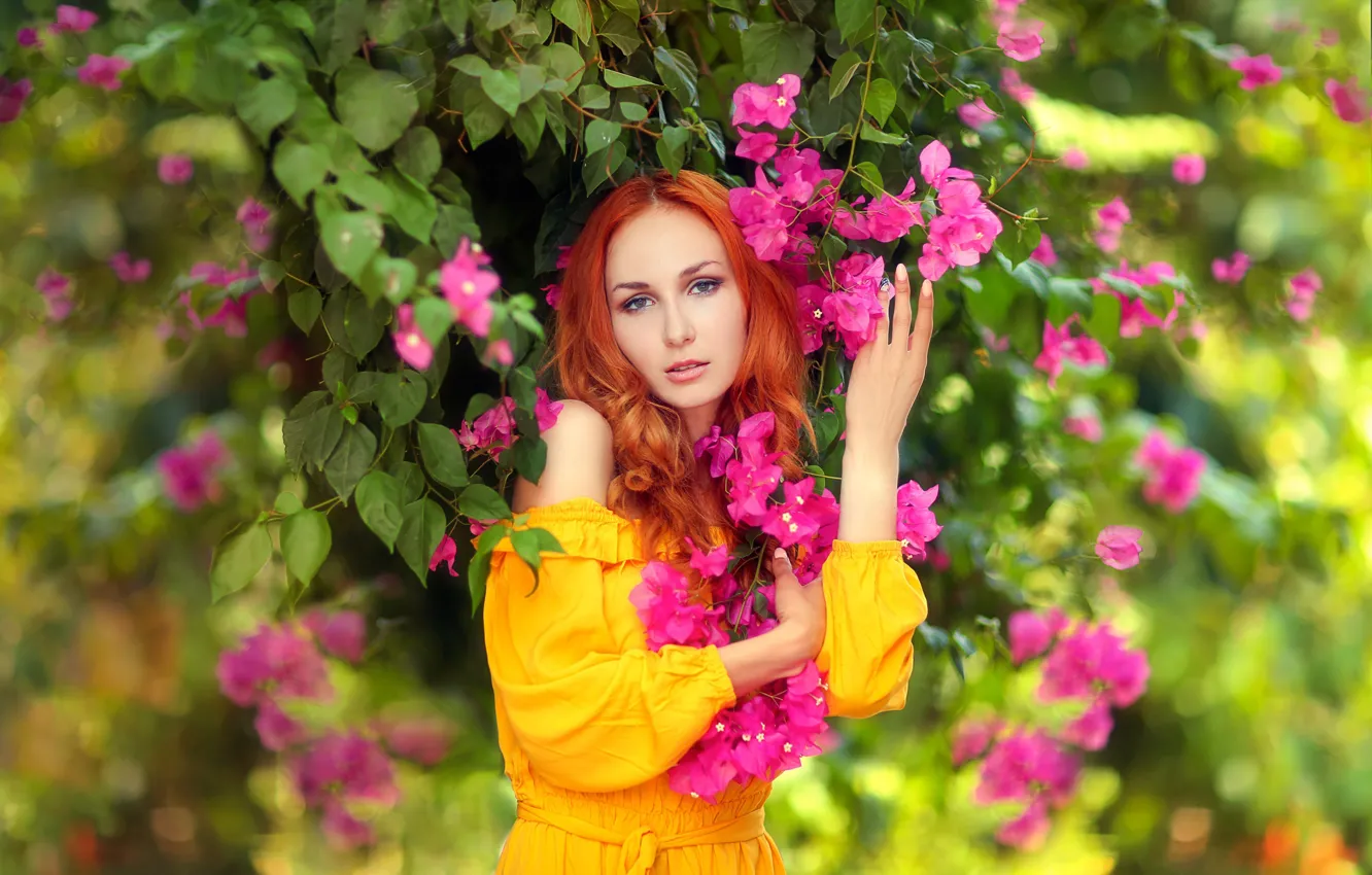 Photo wallpaper look, girl, flowers, pose, portrait, hands, red, redhead