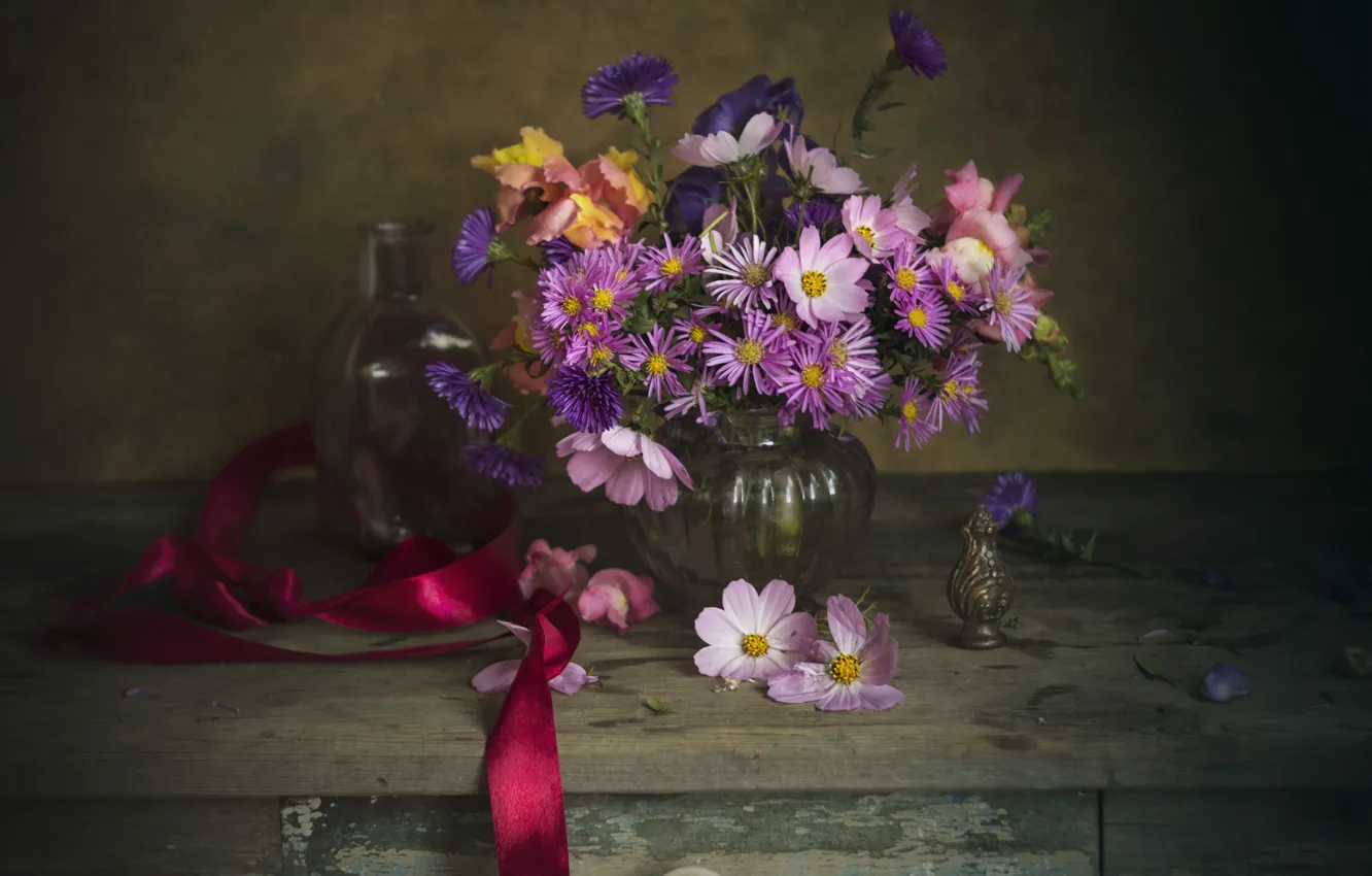 Photo wallpaper flowers, tape, vase, still life, kosmeya, bottle, Lionella Zimina