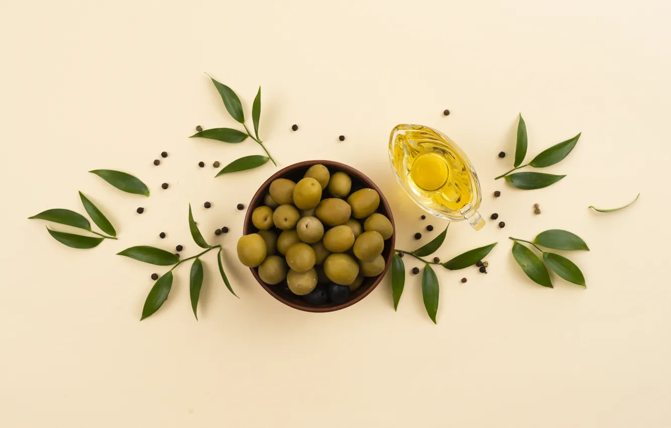 Photo wallpaper leaves, plate, olives, olives, olive oil, olive