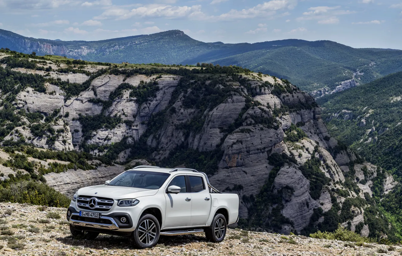 Photo wallpaper white, the sky, clouds, mountains, vegetation, Mercedes-Benz, pickup, 2017