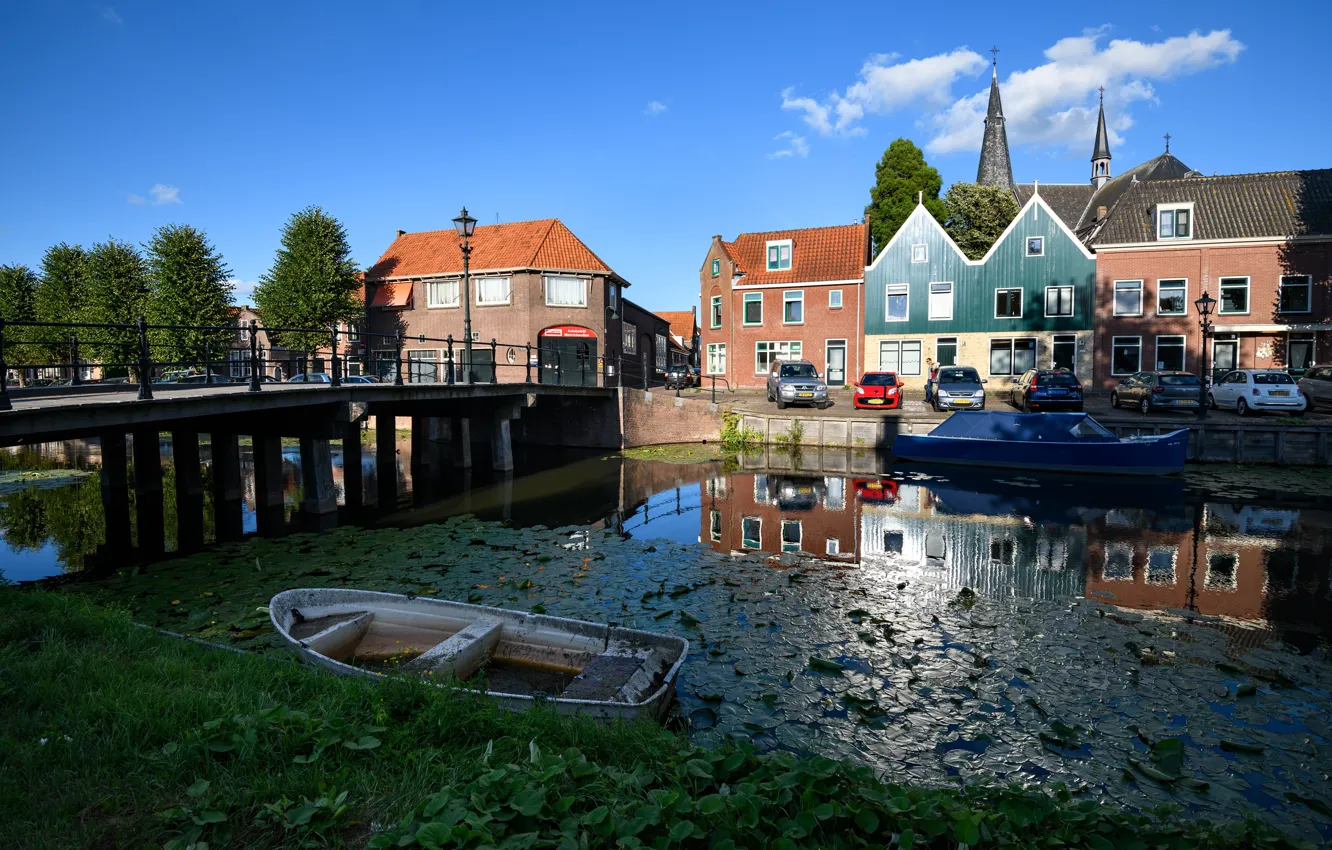 Photo wallpaper bridge, the city, boat, home, channel, Netherlands, Monnickendam