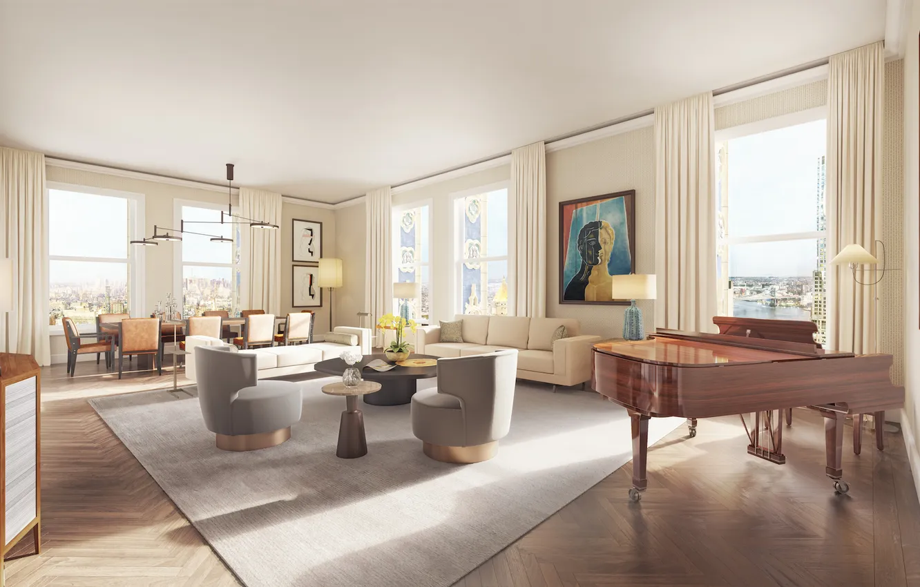 Photo wallpaper design, style, interior, piano, New York, megapolis, living room, dining room