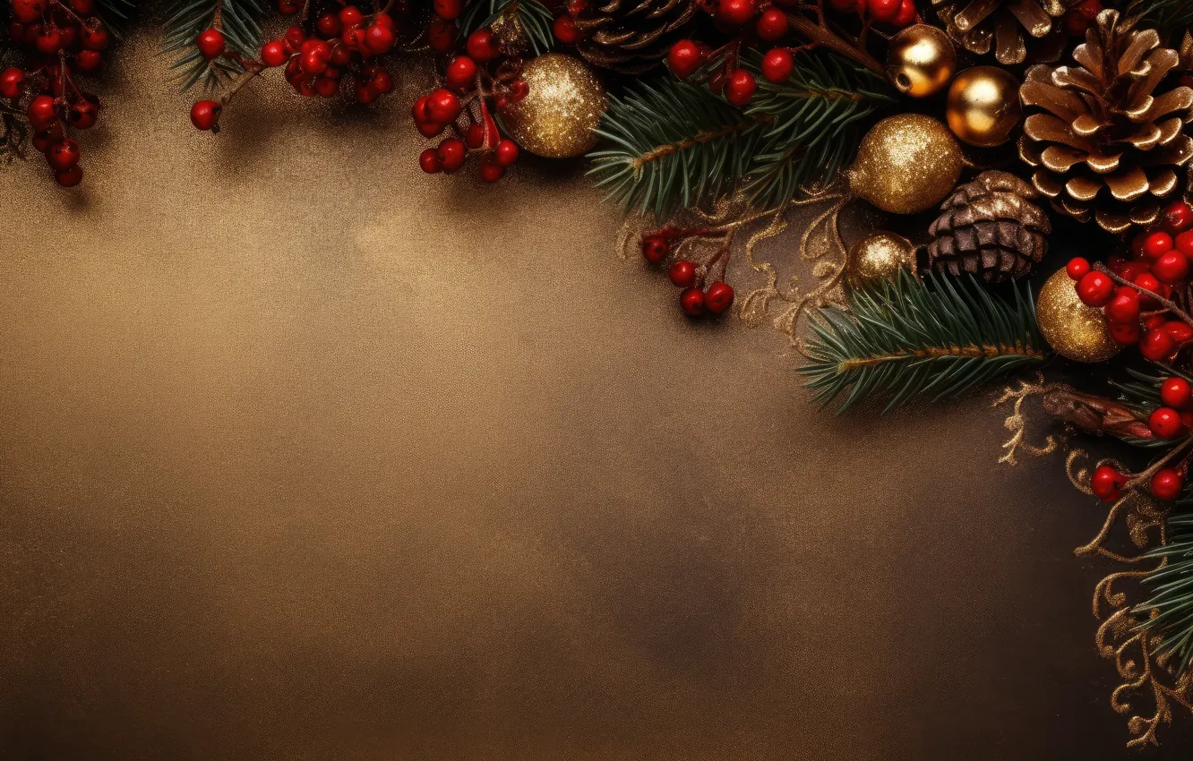 Photo wallpaper balls, branches, berries, new year, fruit, Christmas, needles, bumps