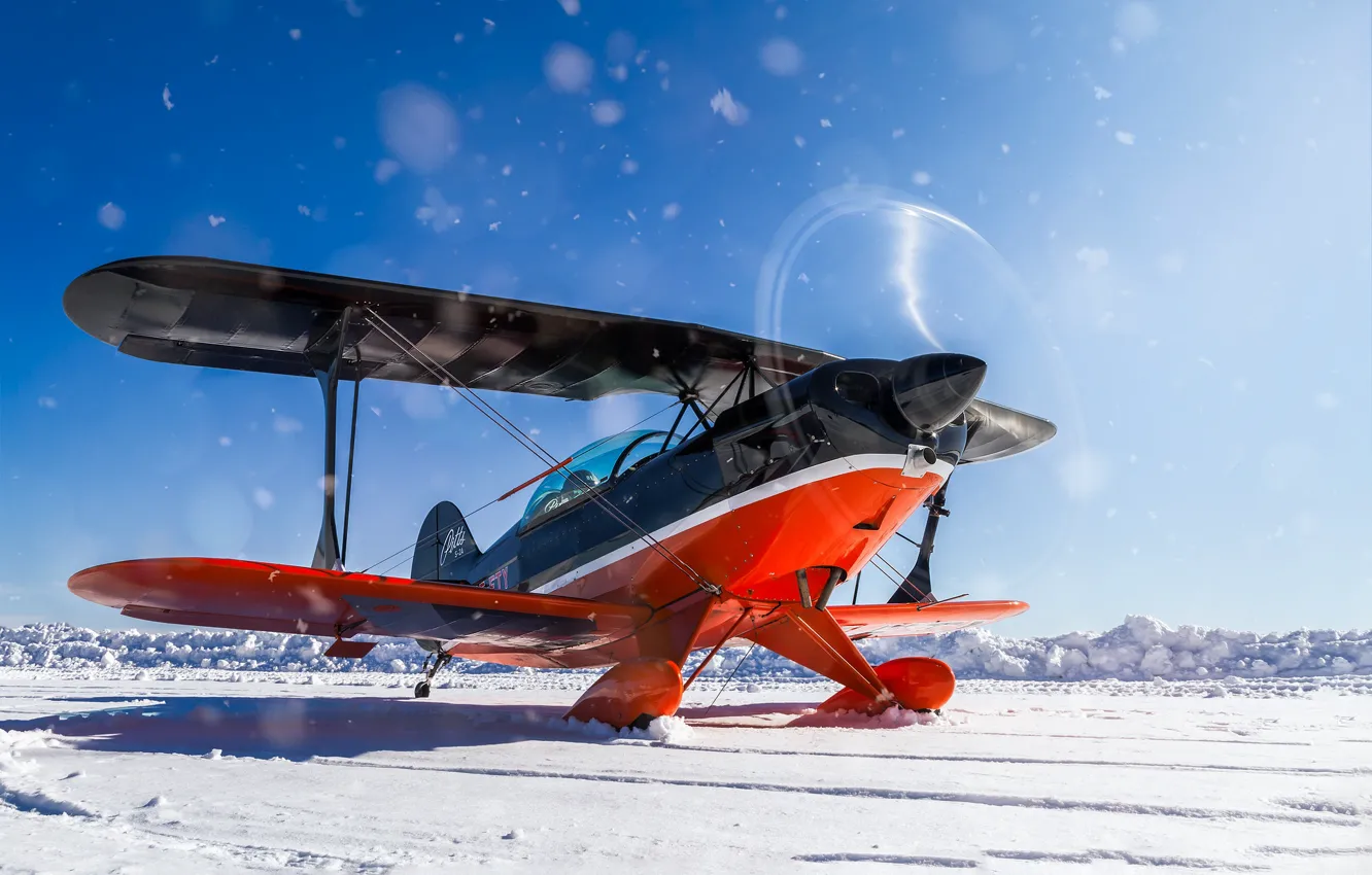 Photo wallpaper winter, snow, the plane, wings, propeller, biplane