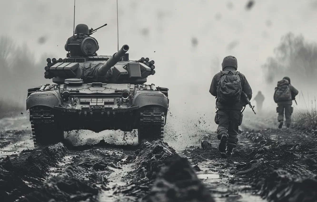 Photo wallpaper dirt, soldiers, tank, black and white, digital art, AI art, The Art of Artificial Intelligence, …
