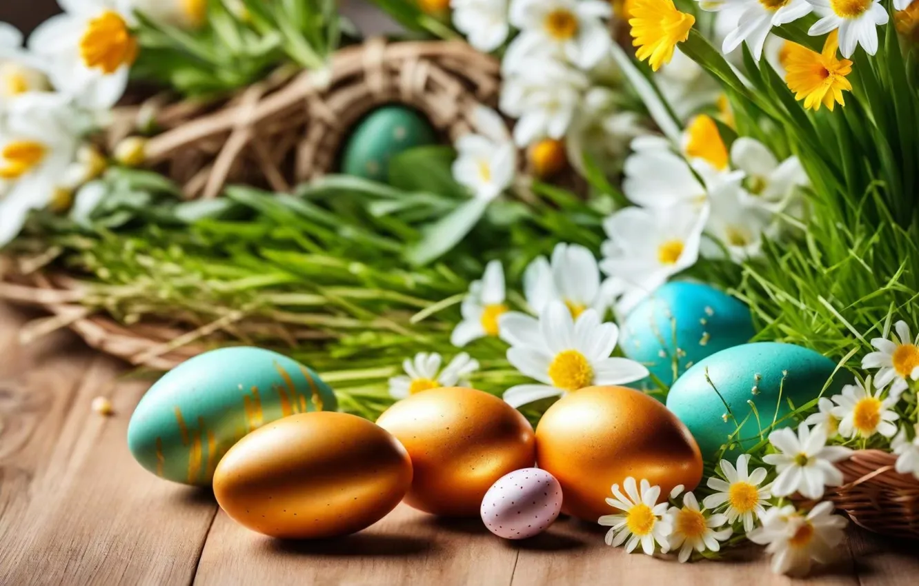 Photo wallpaper flowers, eggs, spring, colorful, Easter, flowers, spring, Easter