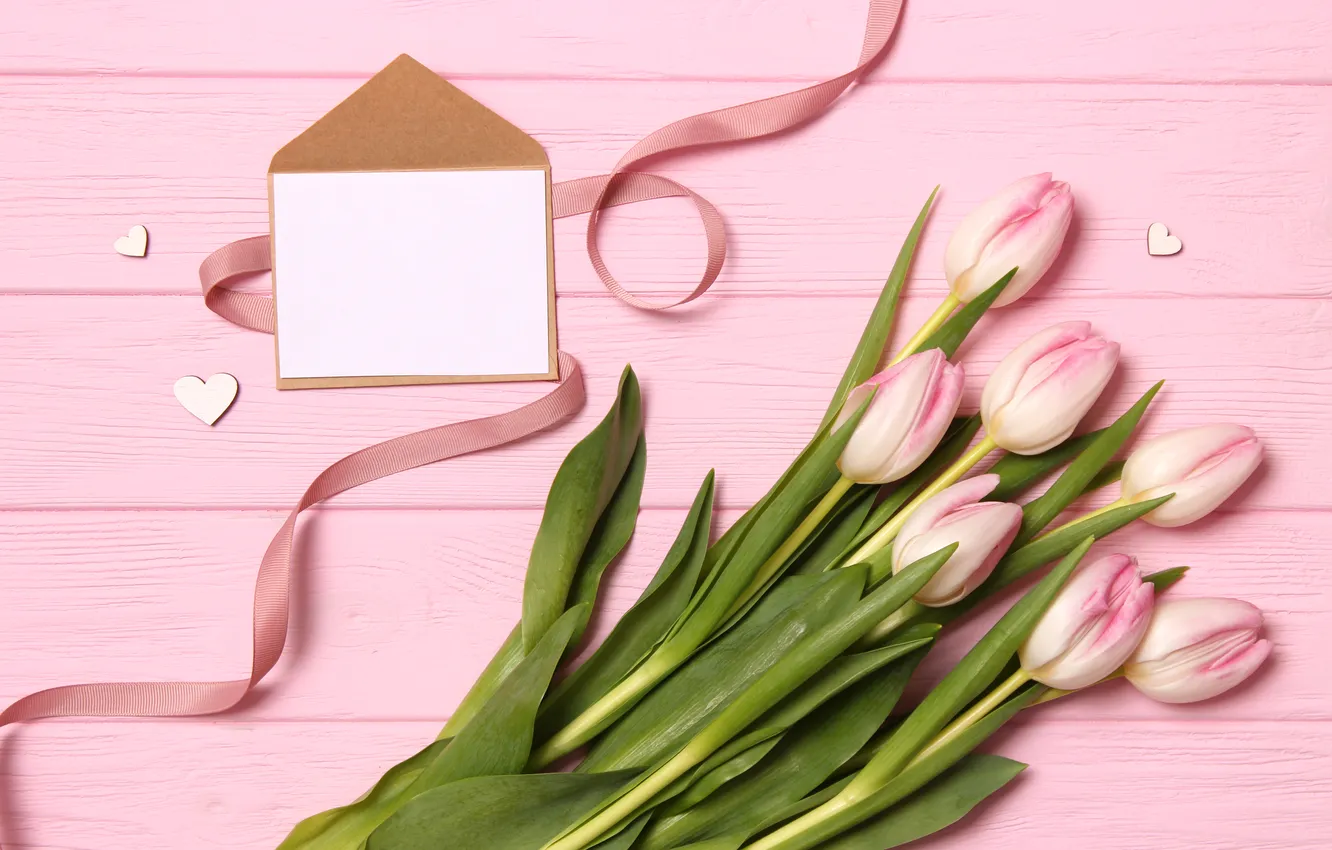 Photo wallpaper flowers, gift, bouquet, tulips, pink, wood, pink, flowers