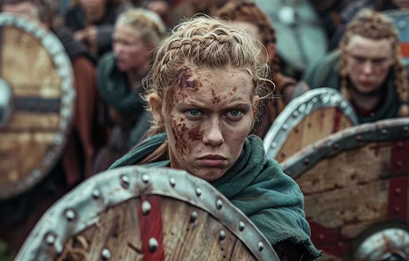 Photo wallpaper look, girl, shield, warrior, front, digital art, The Vikings, AI art