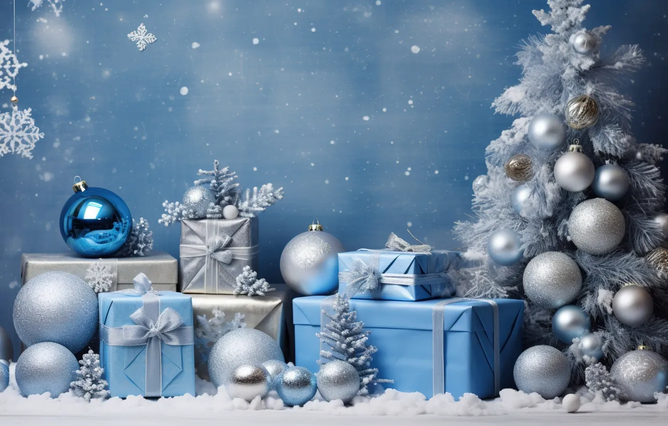 Photo wallpaper winter, snow, decoration, gift, balls, tree, new year, Christmas