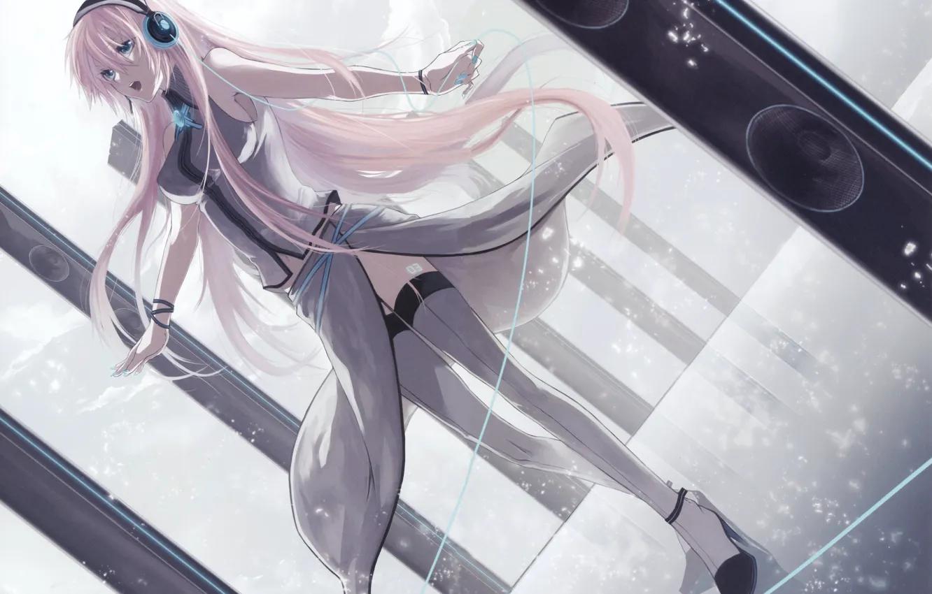 Photo wallpaper girl, wire, stockings, anime, headphones, tattoo, art, speakers