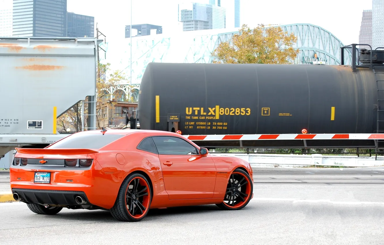 Photo wallpaper Chevrolet, railroad, Camaro, red, Chevrolet, rear view, Camaro, tank