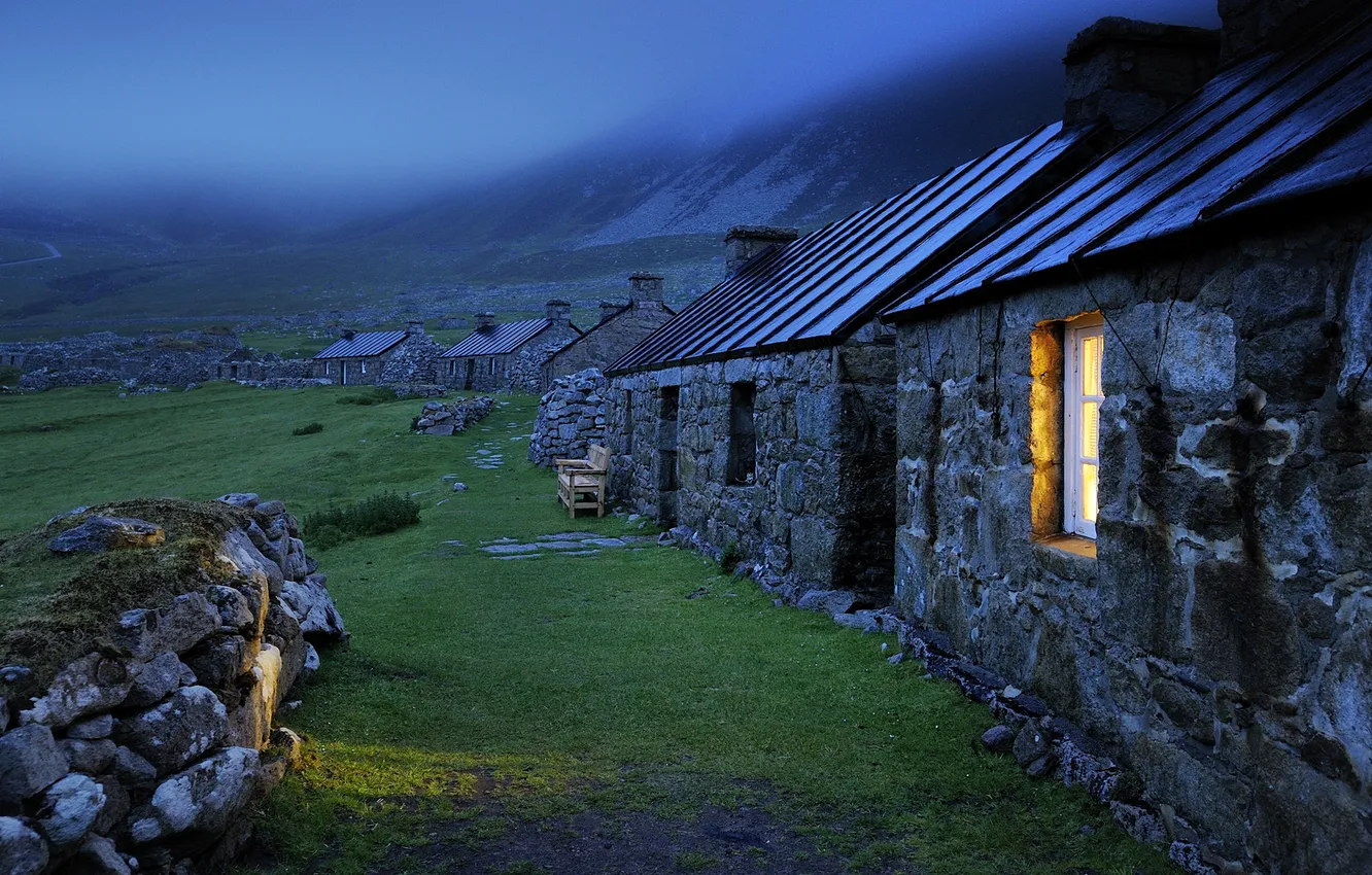 Photo wallpaper light, stones, green grass, roof, window, structure, stone houses