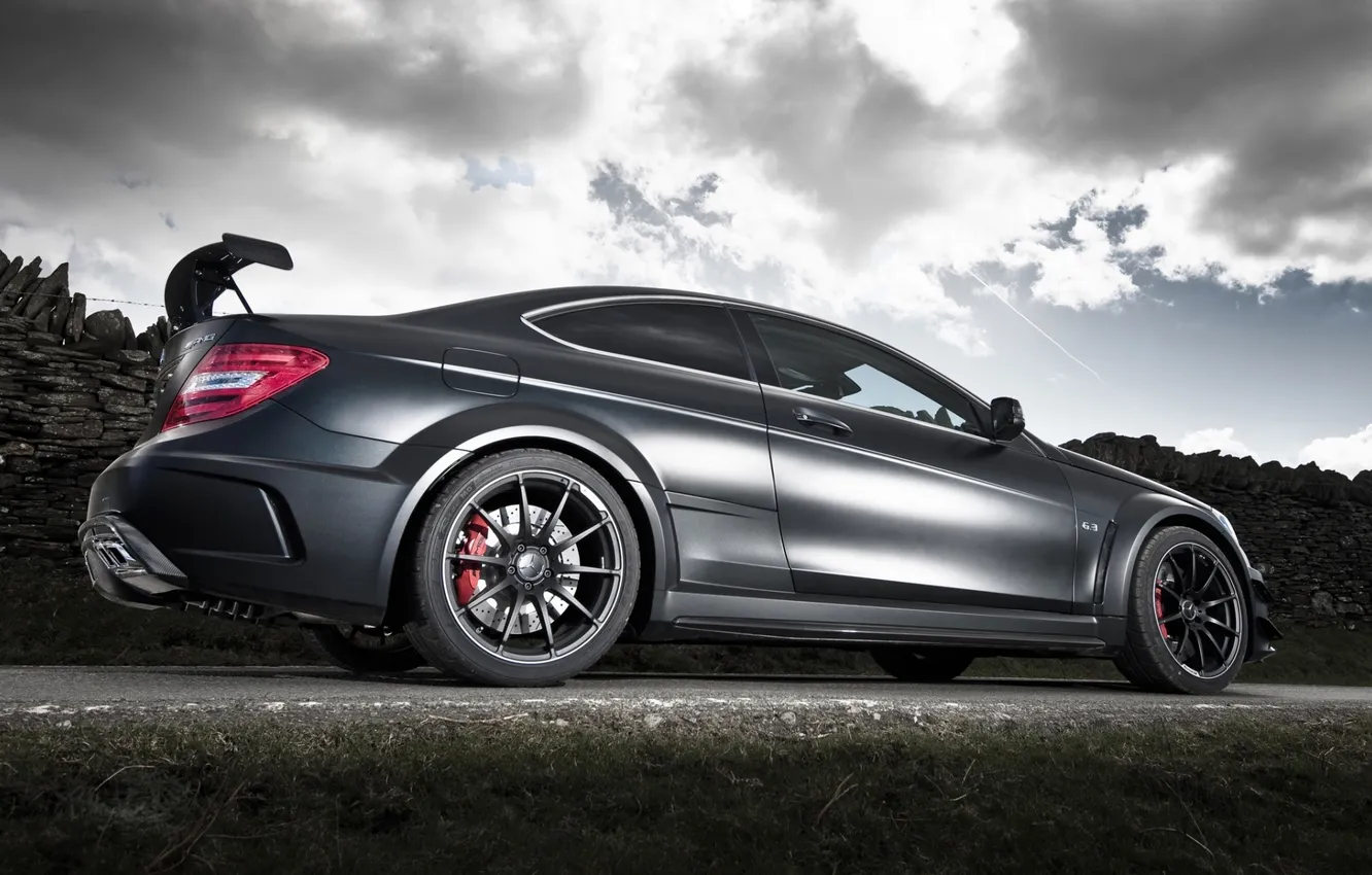Photo wallpaper road, the sky, black, coupe, Mercedes-Benz, Mercedes, rear view, AMG