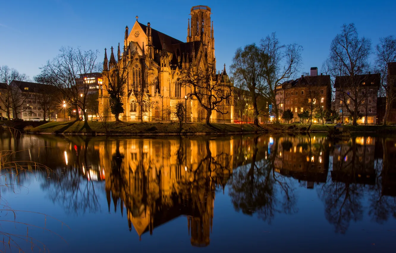 Photo wallpaper night, lights, home, Church, pond