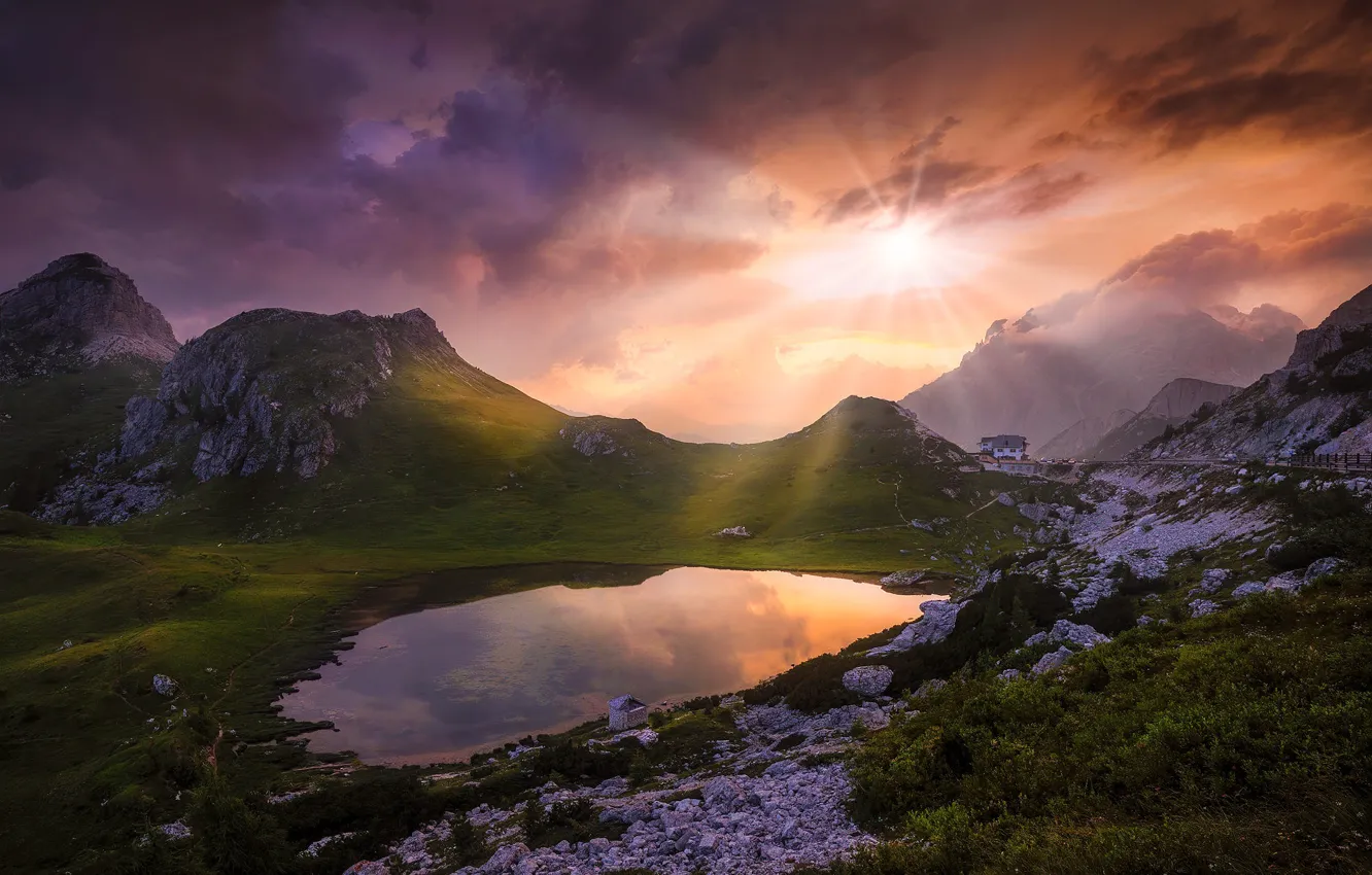 Photo wallpaper the sun, mountains, lake