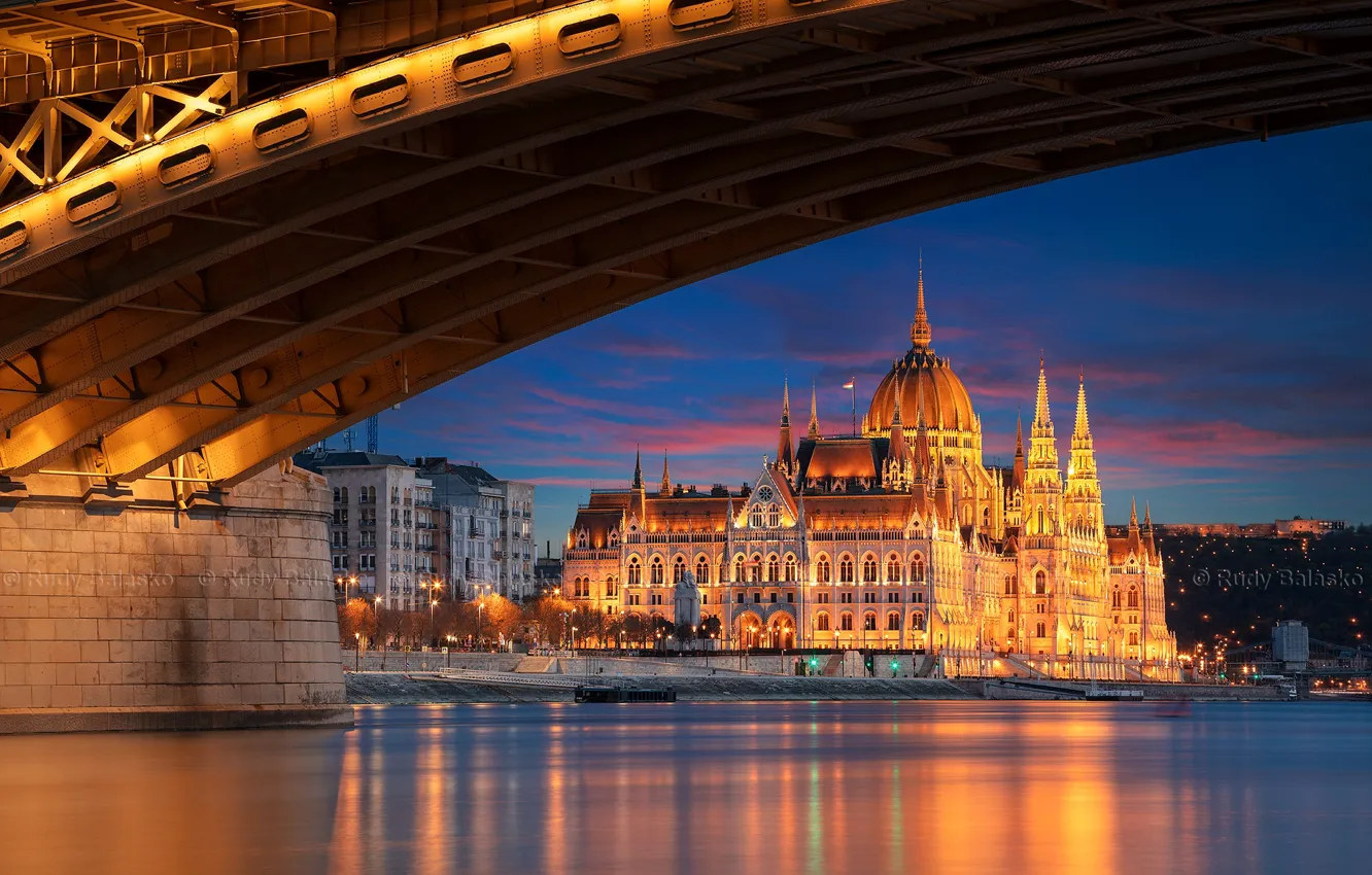 Photo wallpaper bridge, river, the building, architecture, night city, Hungary, Hungary, Budapest