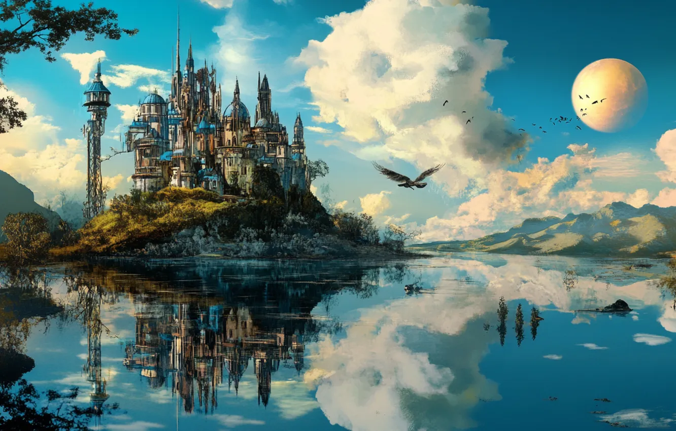 Photo wallpaper the sky, water, clouds, reflection, blue, castle, hills, bird